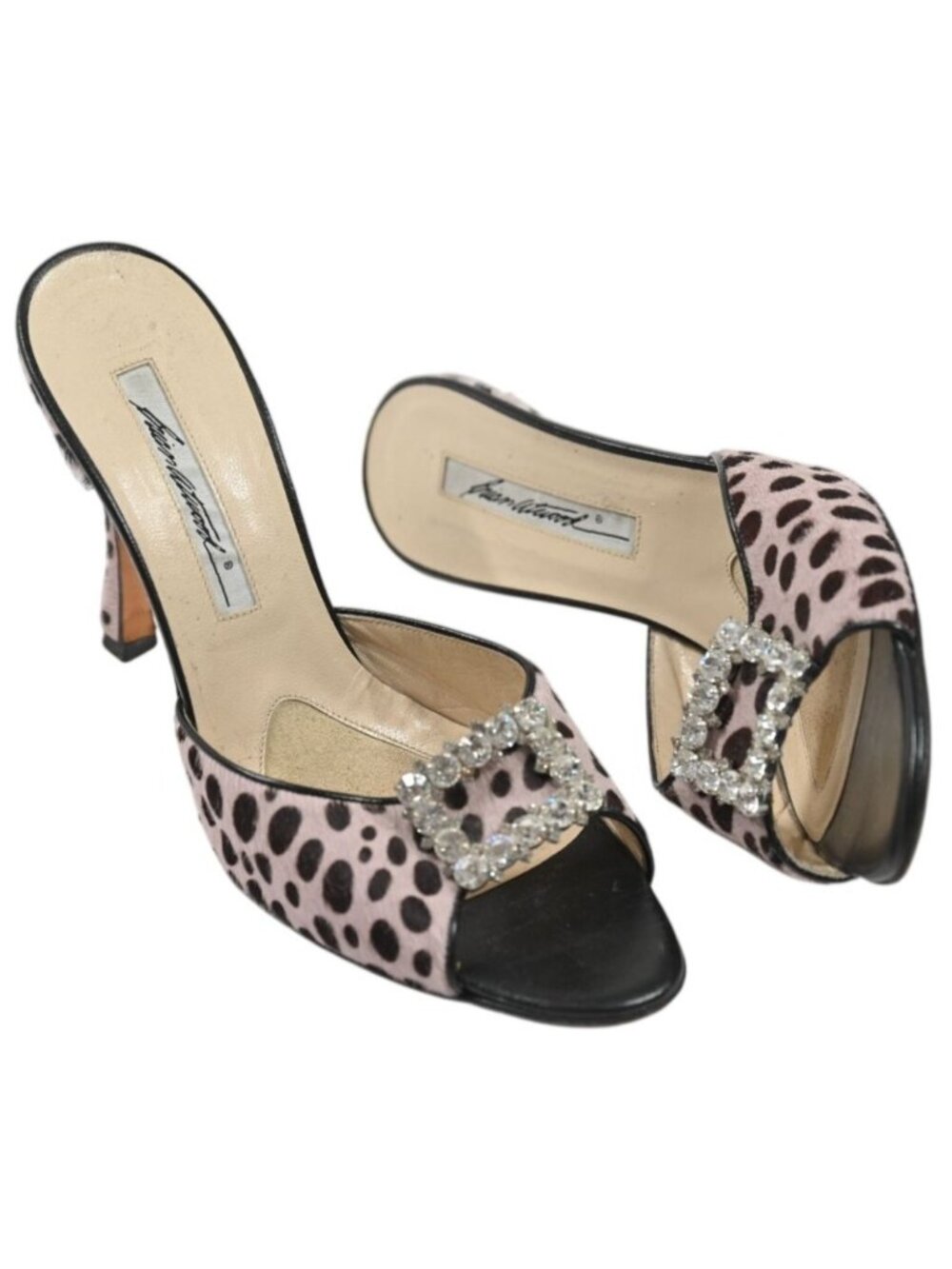 Vintage Y2K Brian Atwood Pink Pink Ponyhair Mules With Crystal Buckle